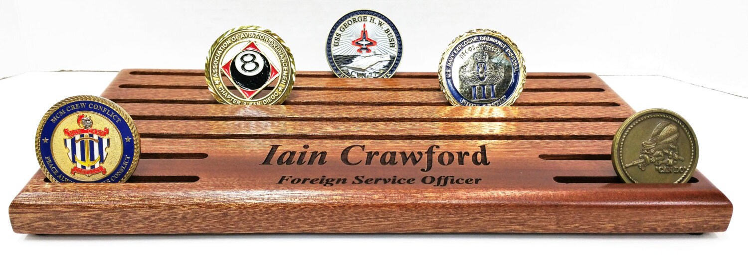 Military Challenge Coin Display, Solid Hardwood, Engraved