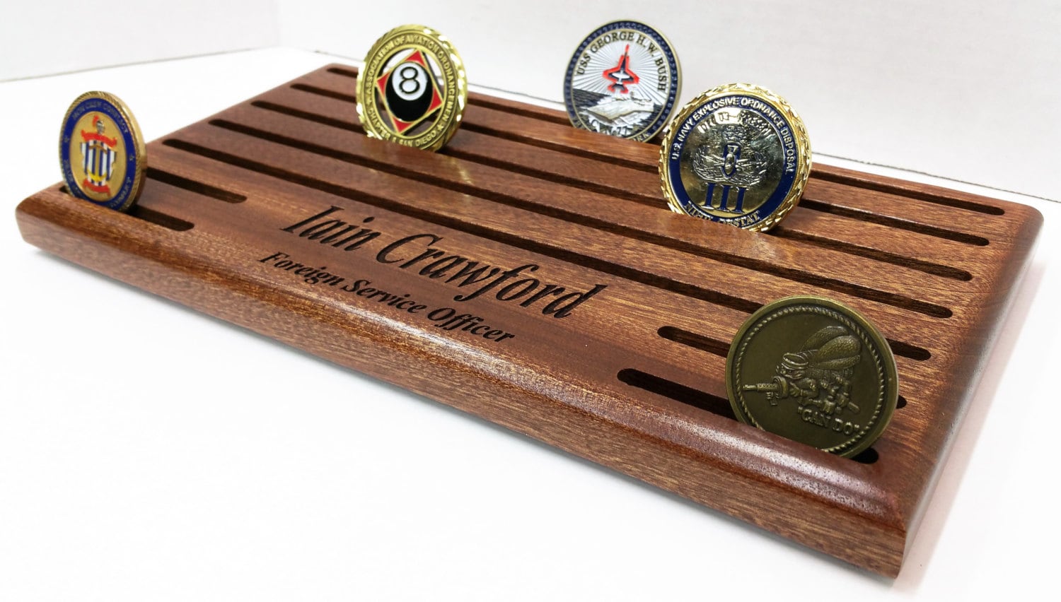 Military Challenge Coin Display, Solid Hardwood, Engraved